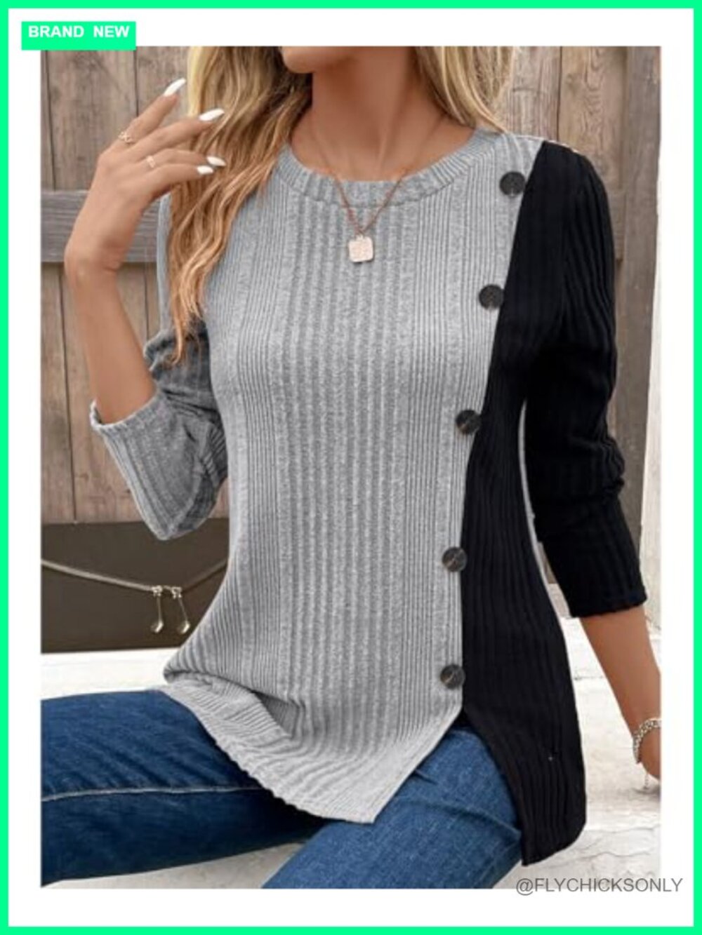 Womens Tunic Top Long Sleeve Knit Color Contrast Crew Neck Casual Blouse - Picture 4 of 5